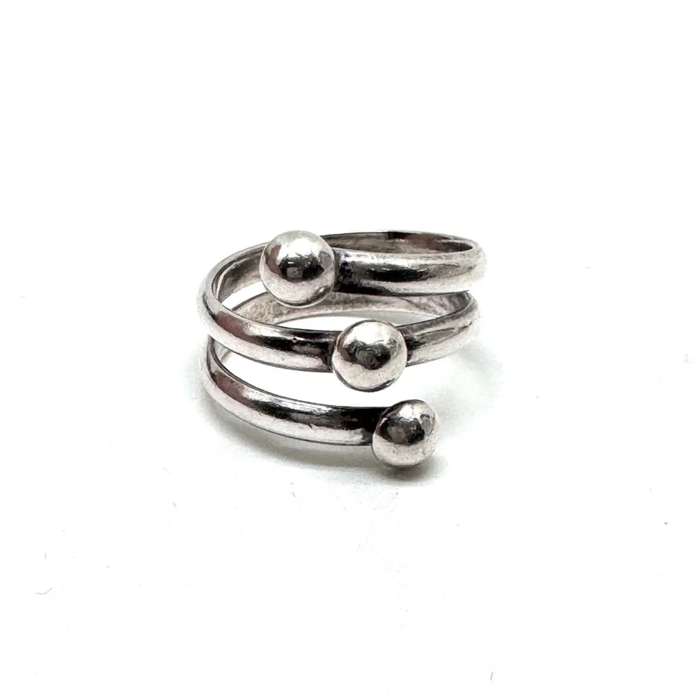 Vintage Sterling Silver Triple Beaded Wrap Bypass Ring Size 7 1/2